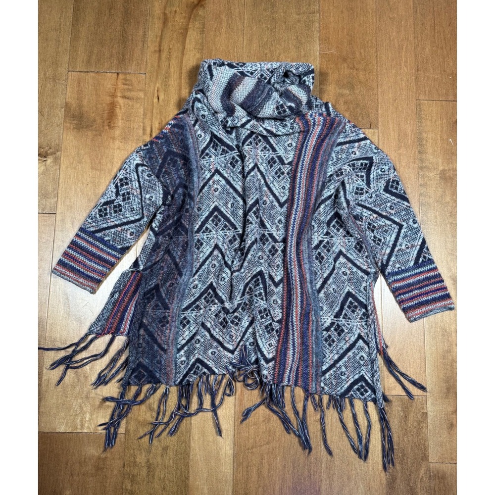 Free People‎ Be The One Wool Blend Fringe Cowlneck Poncho Sweater Women's Lg - Picture 2 of 6